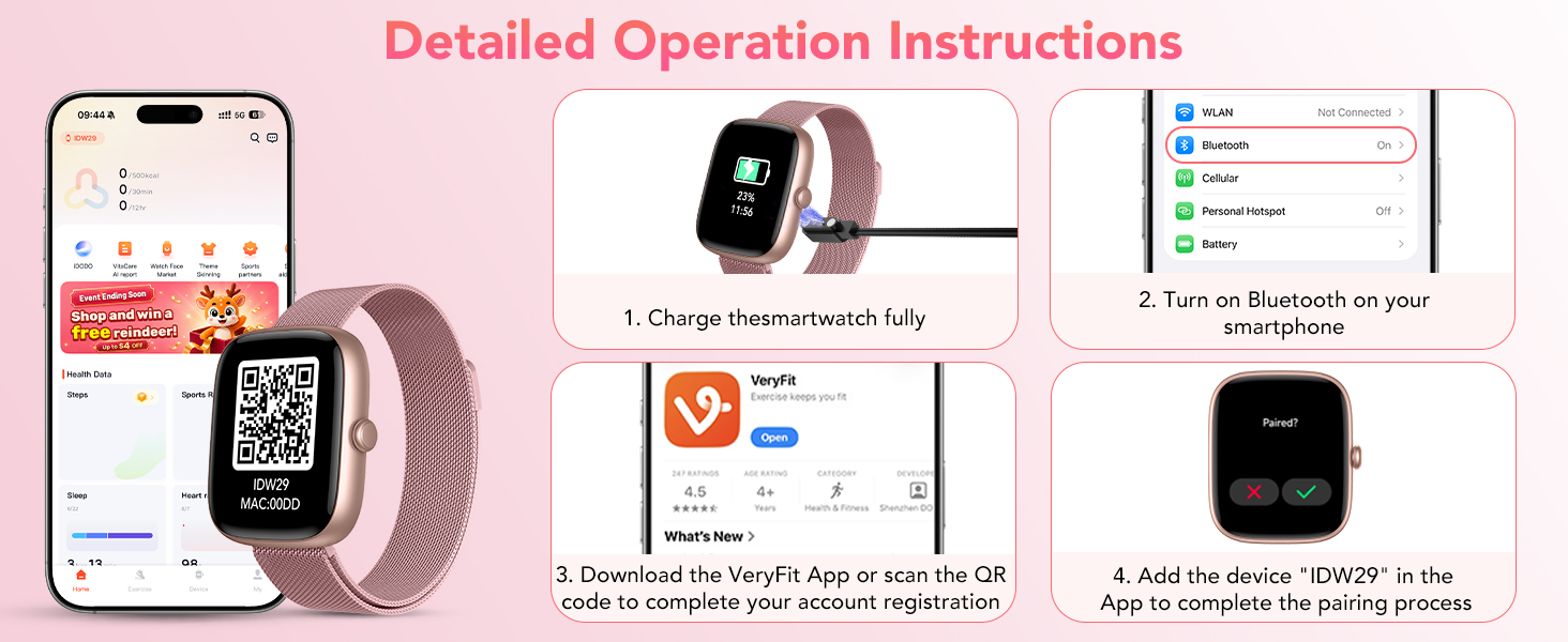 Text reads 'Detailed Operation Instructions'. Four panel instructional layout showing smartwatch operation steps with pink interface screens, including app navigation, health tracking, and notification features on rose-gold colored device.