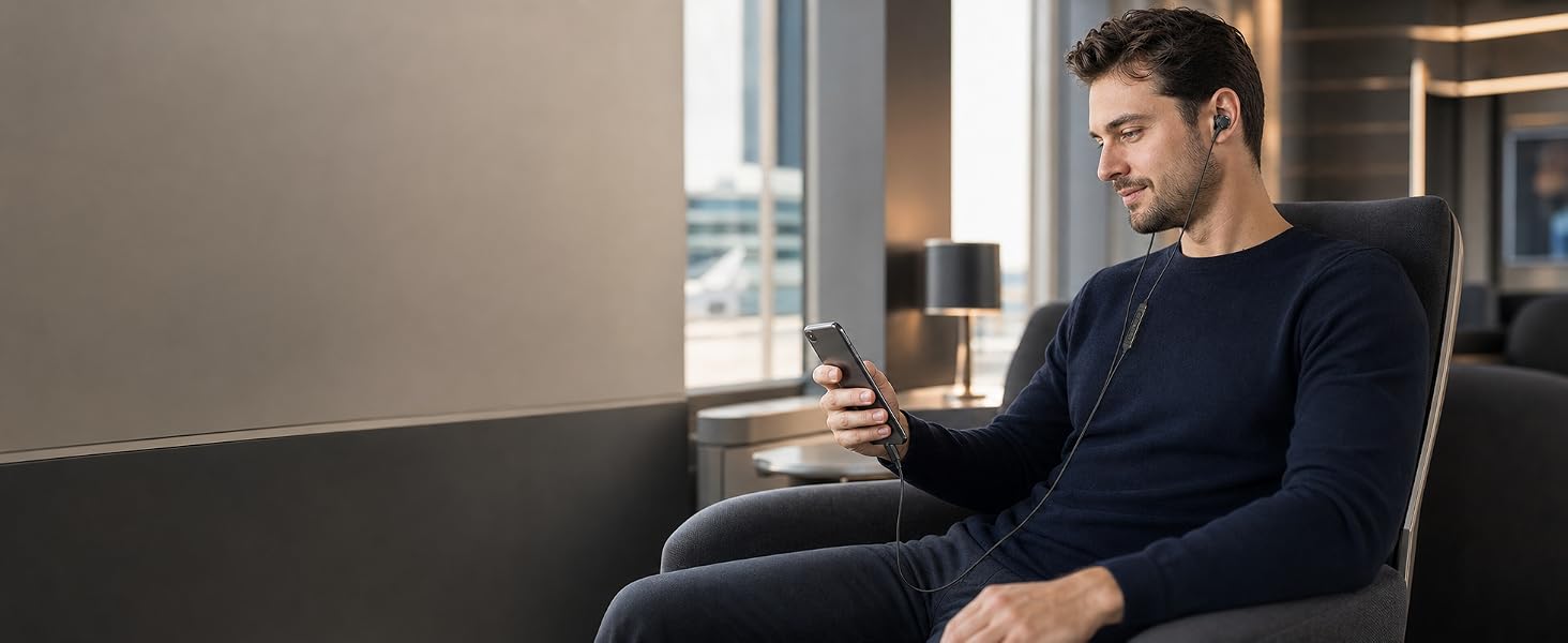 Man using black USB-C wired earbuds while relaxing in a modern lounge