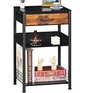 Lerliuo Black Side Table,3 Tier Industrial End Table with Fabric Drawer,Wooden Tall Printer Rack ...