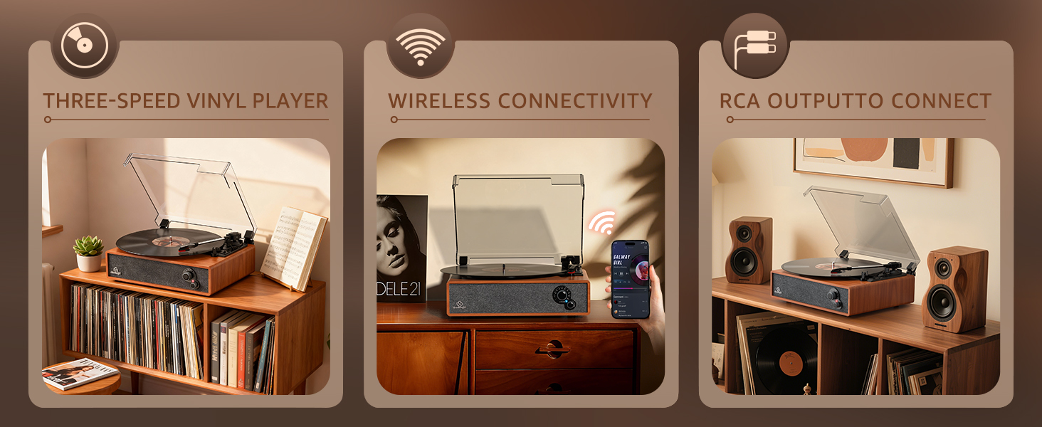 Bluetooth turntable for vinyl records with speakers