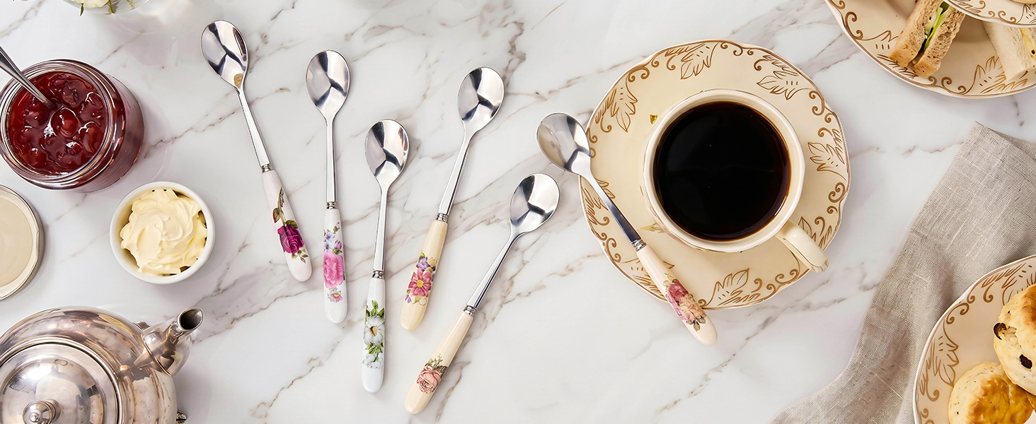 6 Pcs Stainless Steel &amp;amp; Porcelain Handle Tea Spoons