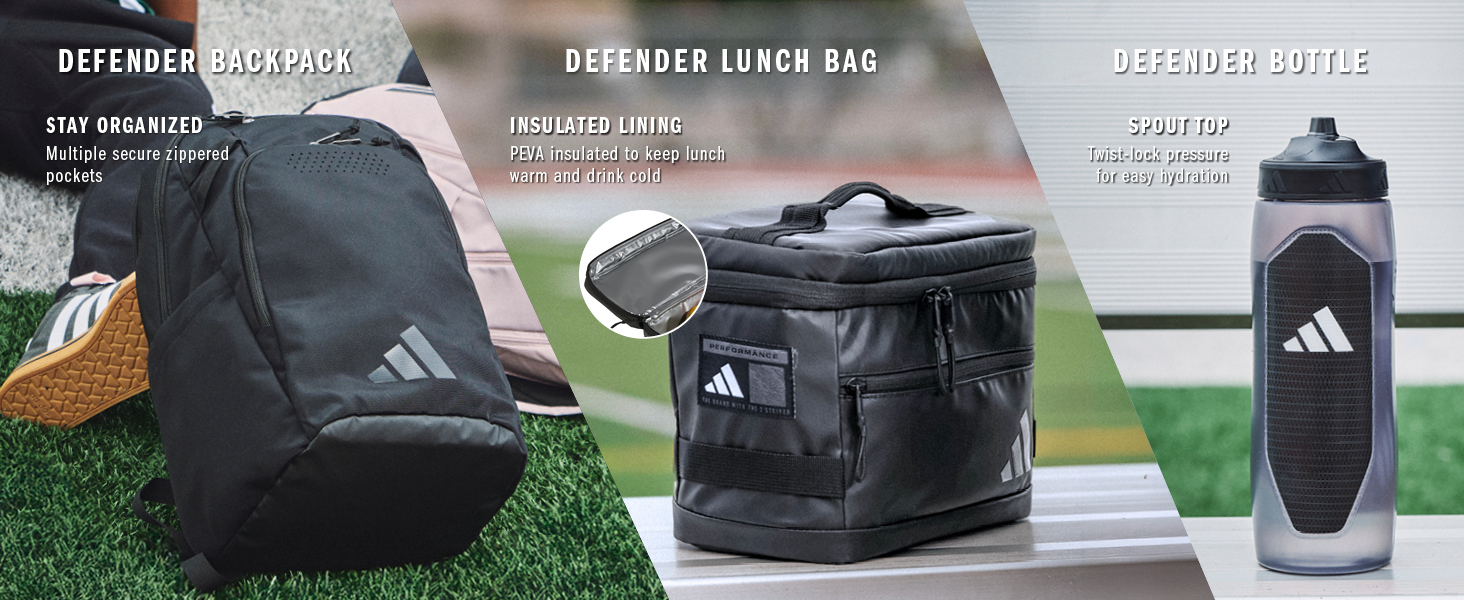 adidas Defender backpack, lunch bag, and water bottle