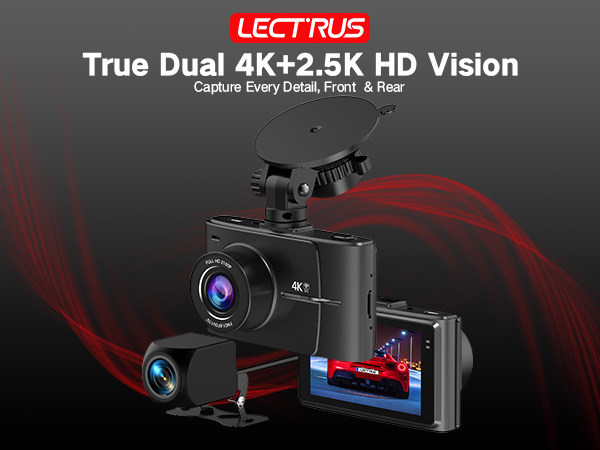 LECTRUS Dash Cam Front and Rear 4K + 2.5K, Dual Dash Camera for Cars with Night Vision