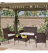 Shintenchi 4 Piece Outdoor Patio Furniture Sets, Small Wicker Patio Conversation Furniture Rattan...