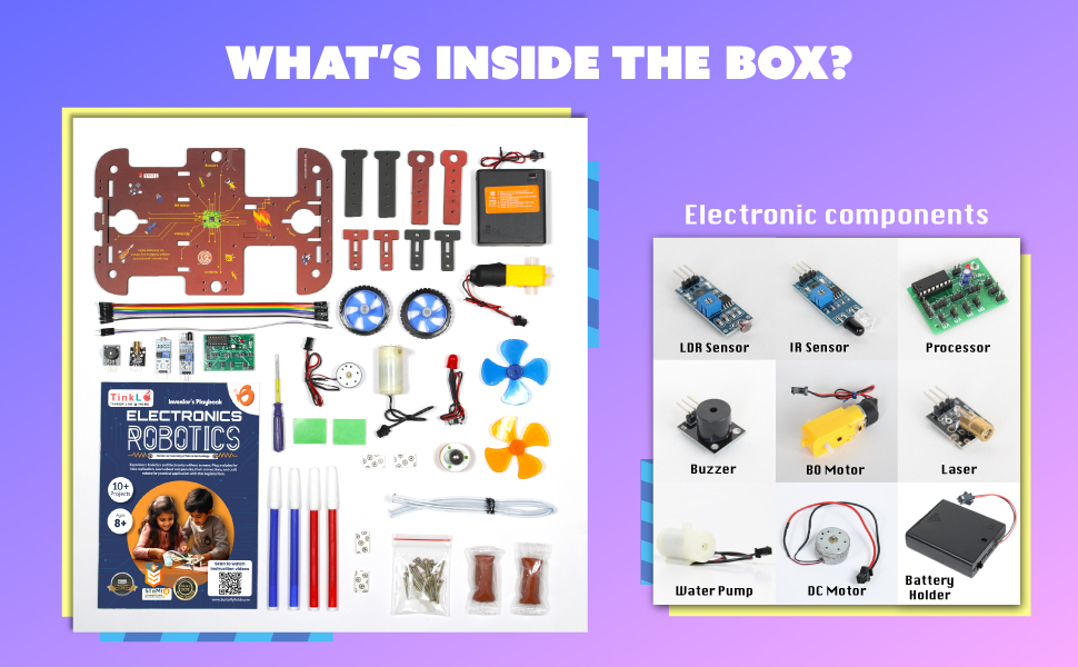 Electronics kit contents displayed: circuit board, components, tools, and motors. Side panel shows labeled electronic parts including LED, sensors, processor, and battery holder.