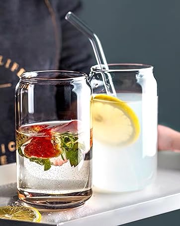 beer can glass with lids and straw