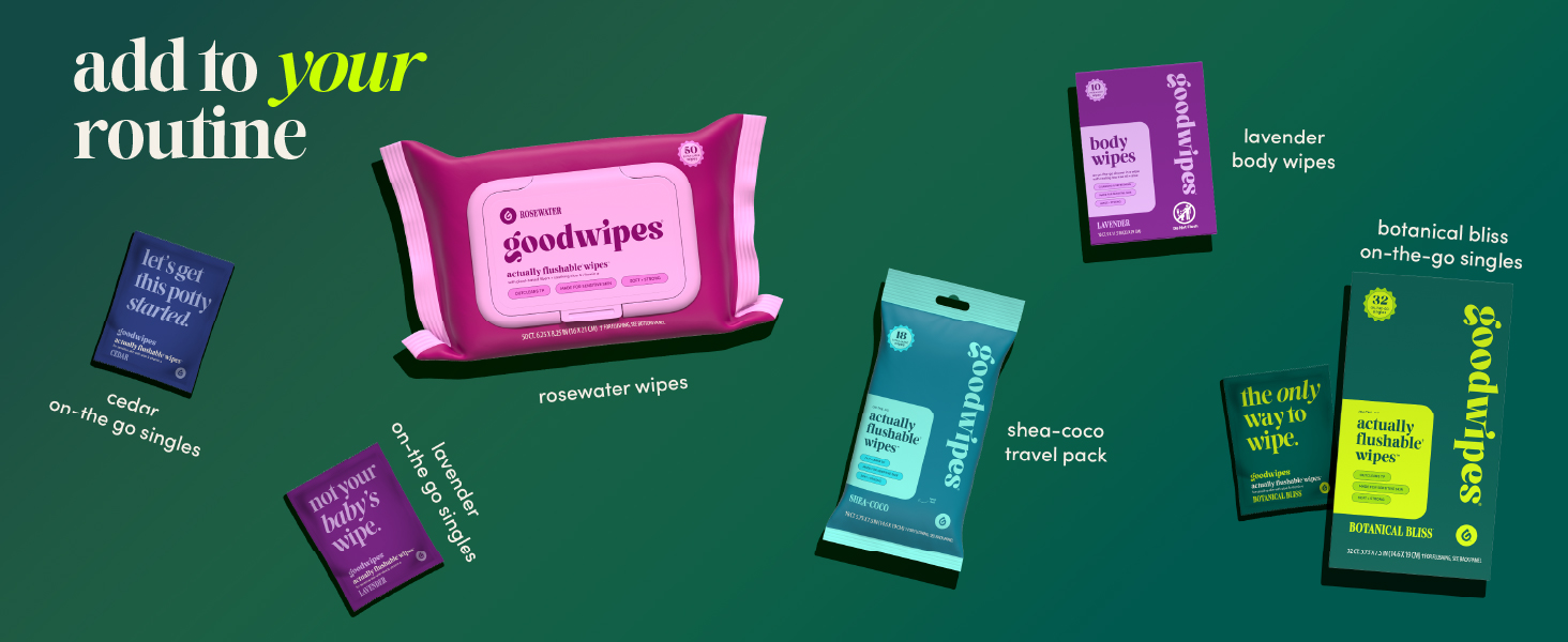 goodwipes flushable wipes, individually wrapped wipes, travel wipes pack, body wipes