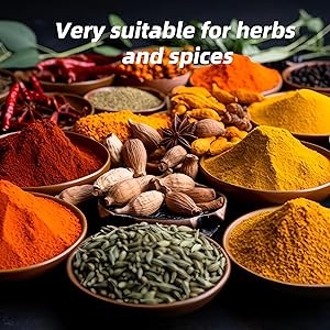 Text reads: 'Very suitable for herbs and spices'. Various colorful spices and seasonings displayed in metal bowls including turmeric, paprika, and whole spices.