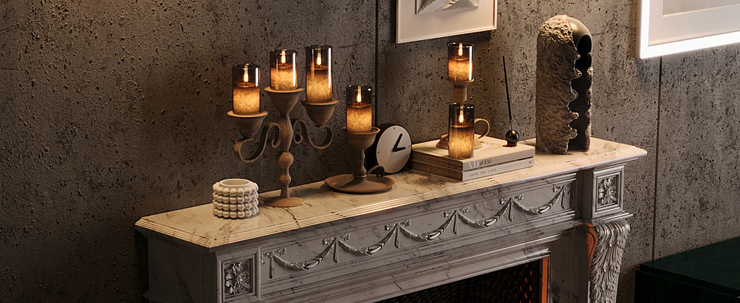 battery candles flickering on fireplace