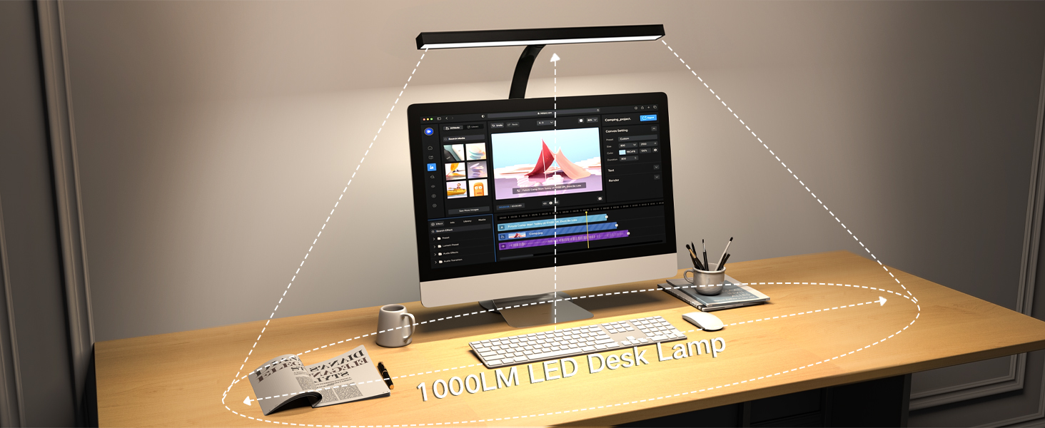 Desktop workspace setup with multiple computer monitors, keyboard, and desk accessories arranged on wooden surface in dim lighting.