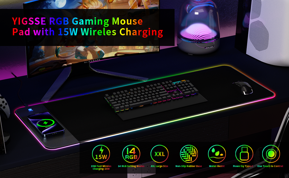 RGB Gaming Mouse Pad with 15W Wireless Charging