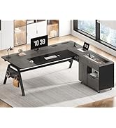 SEDETA L Shaped Computer Desk with Mobile File Cabinet &amp; Power Outlets, Executive Home Office Des...