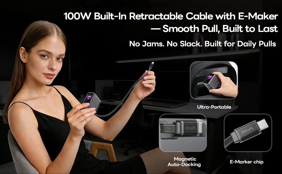 100W GaN USB C Charger Block, Compact Retractable Charger with Built-in Cable &amp;amp;amp; Display