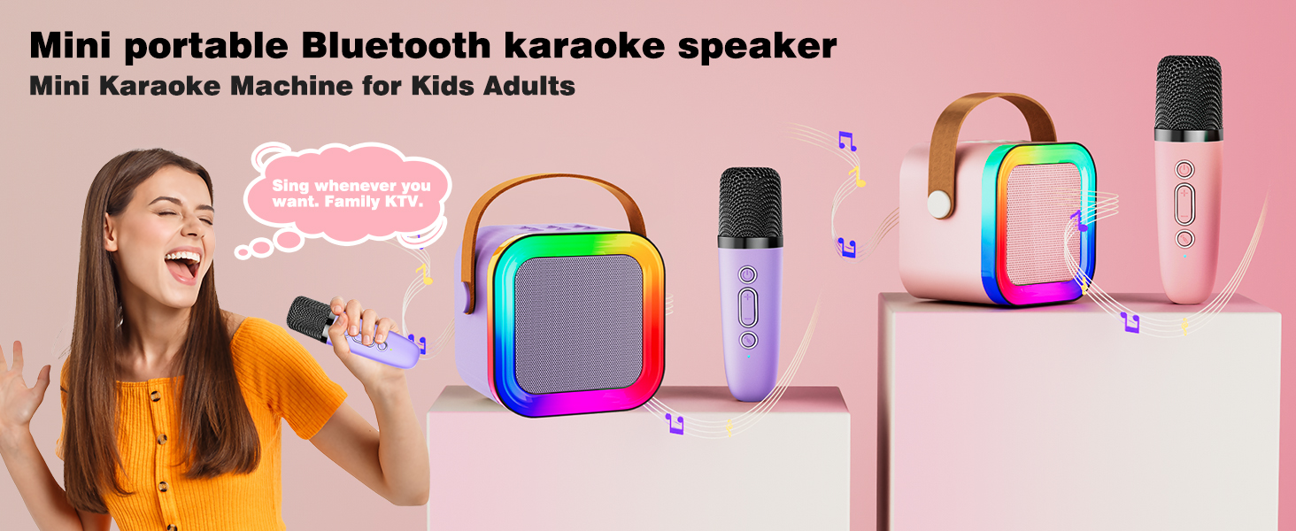 Mini Karaoke Machine Speaker for Kids Adults, Portable Bluetooth with 2 Wireless Microphones