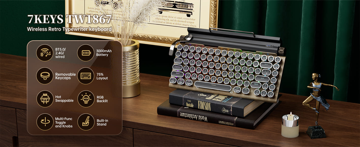 7KEYS TW1867 Retro Typewriter Keyboard Wireless Wood