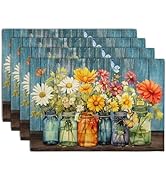 Rustic Daisy Placemats Set of 4 Vintage Flower Vases Wood Grain Linen Table Mats 12x18 Inch Summe...