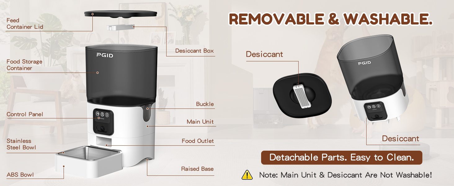 Exploded view of pet feeder showing removable, washable parts and non-washable components.