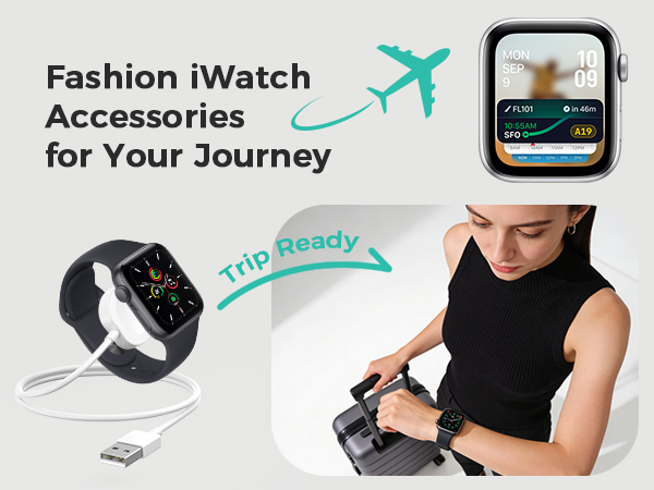 Text reads 'Fashion iWatch Accessories' and 'Ready for Your Journey'. Advertisement showing smartwatch bands and accessories with travel-themed graphic elements including airplane icons.