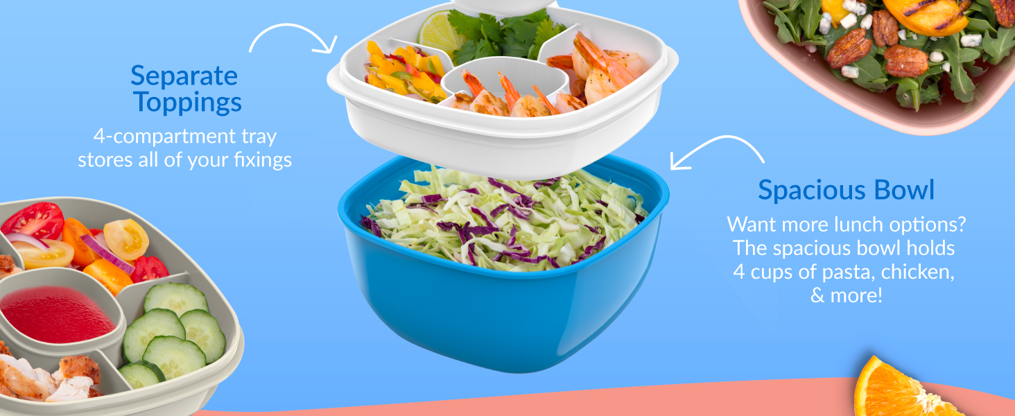 salad bowl with toppings, salad bowl with dressing container, salad bowl, bentgo salad