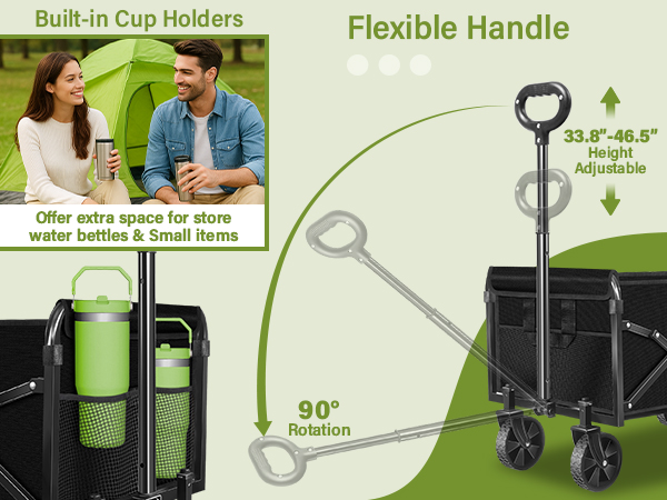 built-in cup holders and a flexible handle with adjustable height and 90° rotation.