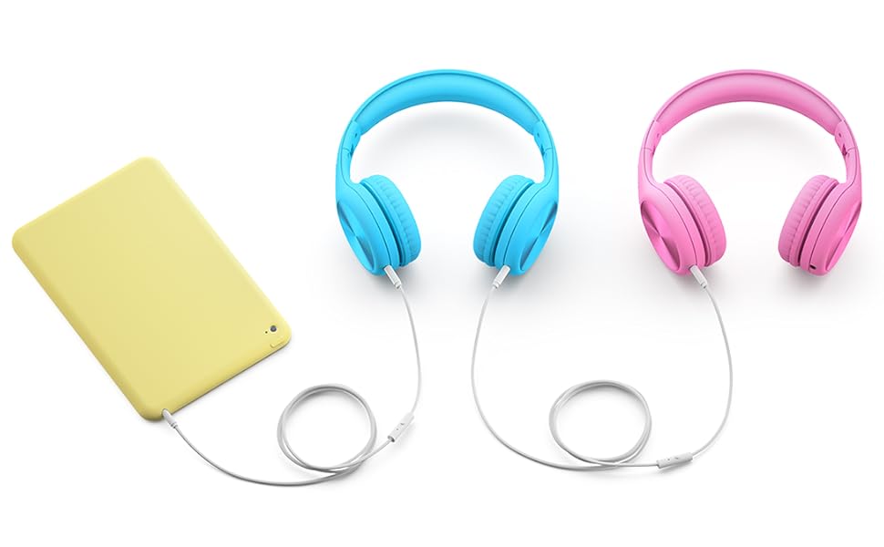 Pink and blue Connect+ Pro volume limited headphones sharing media via integrated SharePort