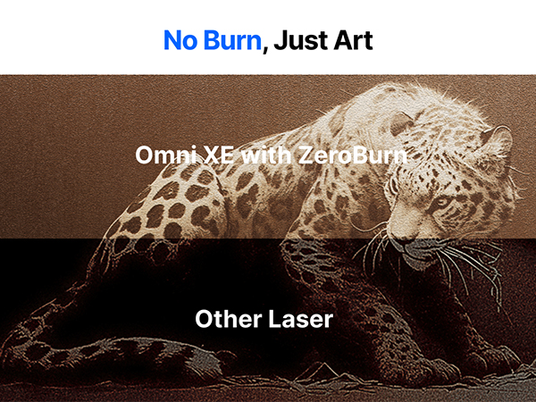 Text reads 'No Burn, Just Art' and 'Other Laser'. Multi-panel comparison showing artistic laser engraving effects on materials, displaying intricate detailing and patterns.
