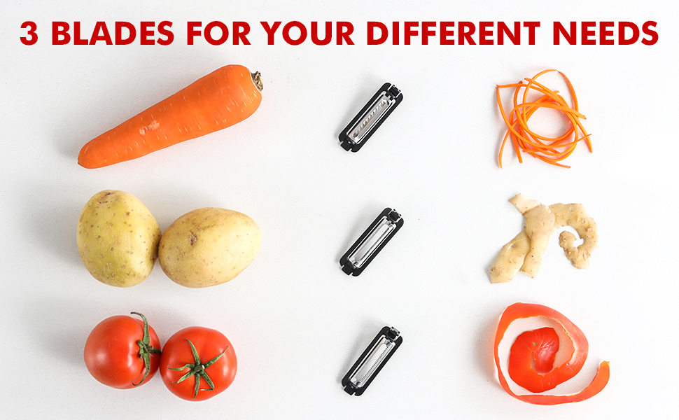 Kitchen tool set with three interchangeable blades, demonstrated with a carrot, potato, and tomato. Text reads '3 BLADES FOR YOUR DIFFERENT NEEDS'.