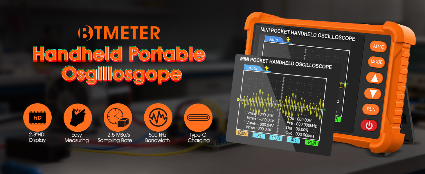 BTMETER mini oscilloscope auto/single trigger scope 500 kHz Bandwidth waveform tool Lab scope gifts