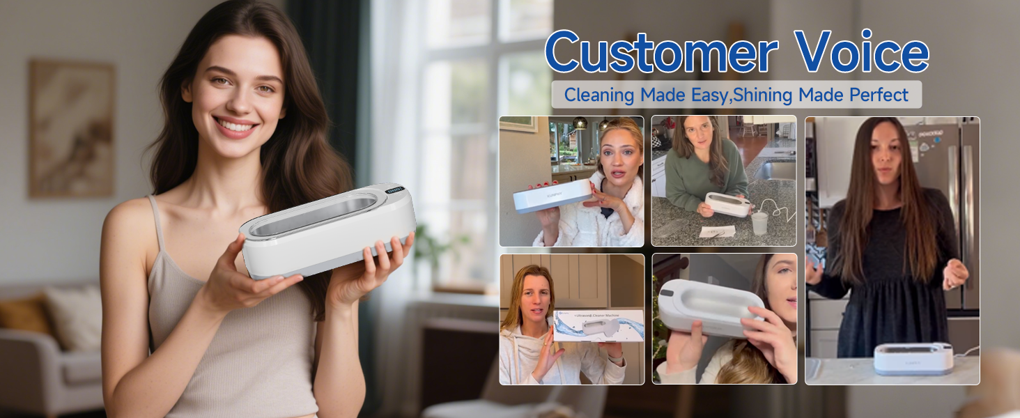 White handheld device with blue light, likely for teeth whitening. Composite image shows people using it, suggesting ease of use and effectiveness for dental care.