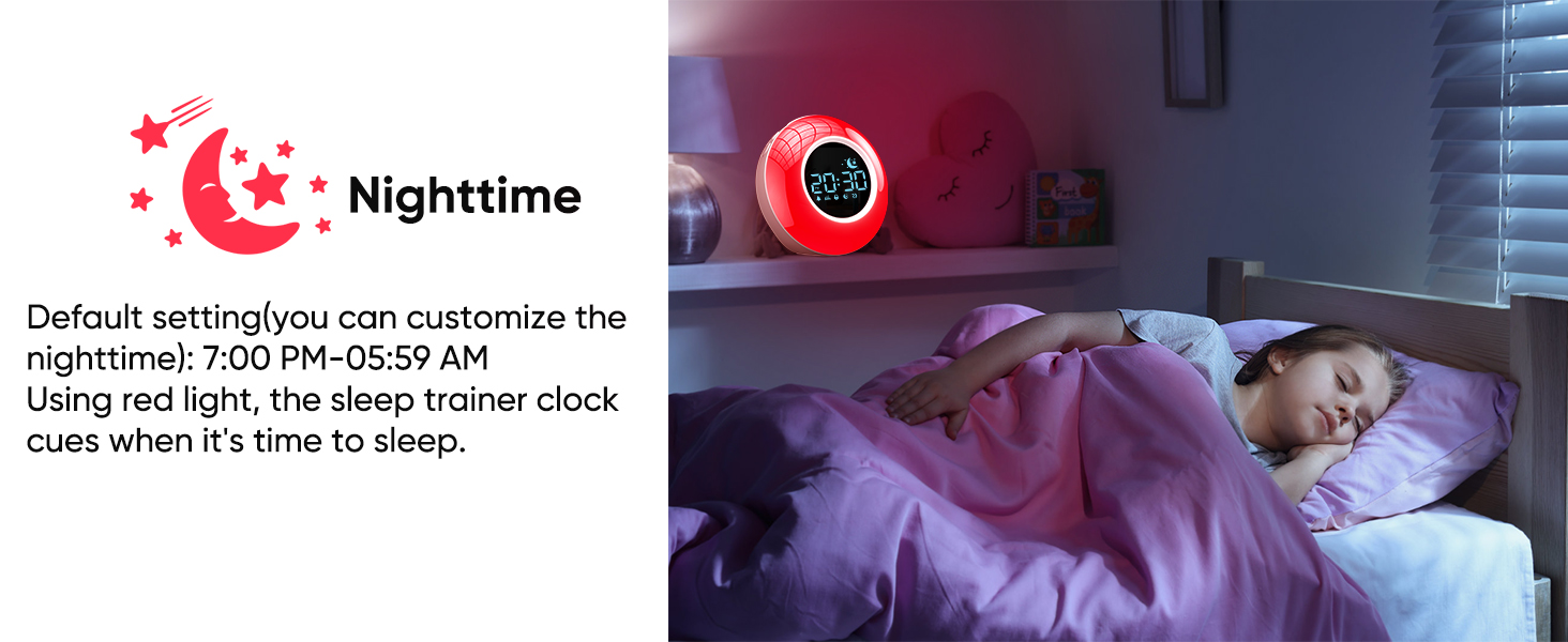 red light and moon symbol turns on when it's time for kids for bed