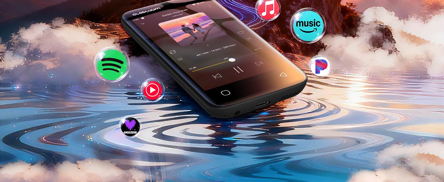 MP3 player with music track on screen, surrounded by app icons, set against a sunset backdrop