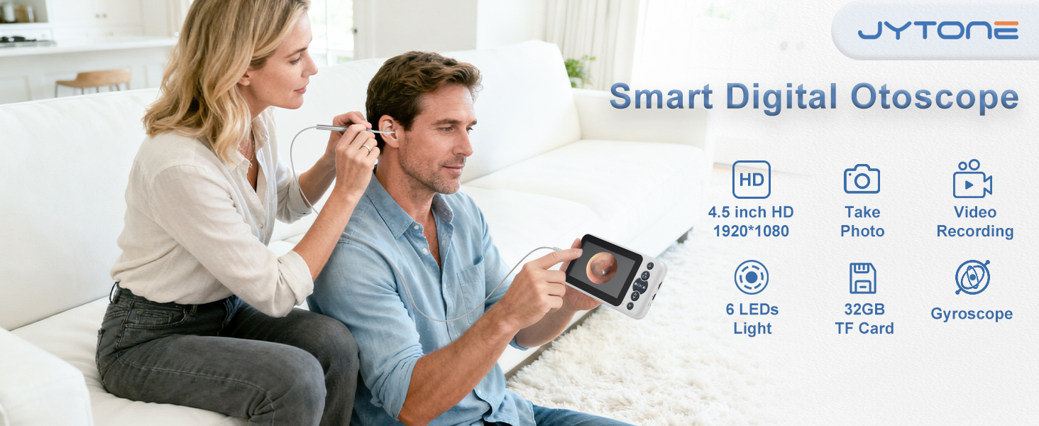 Smart digital otoscope with 4.5 inch HD screen and 6-axis gyroscope for home ear health.