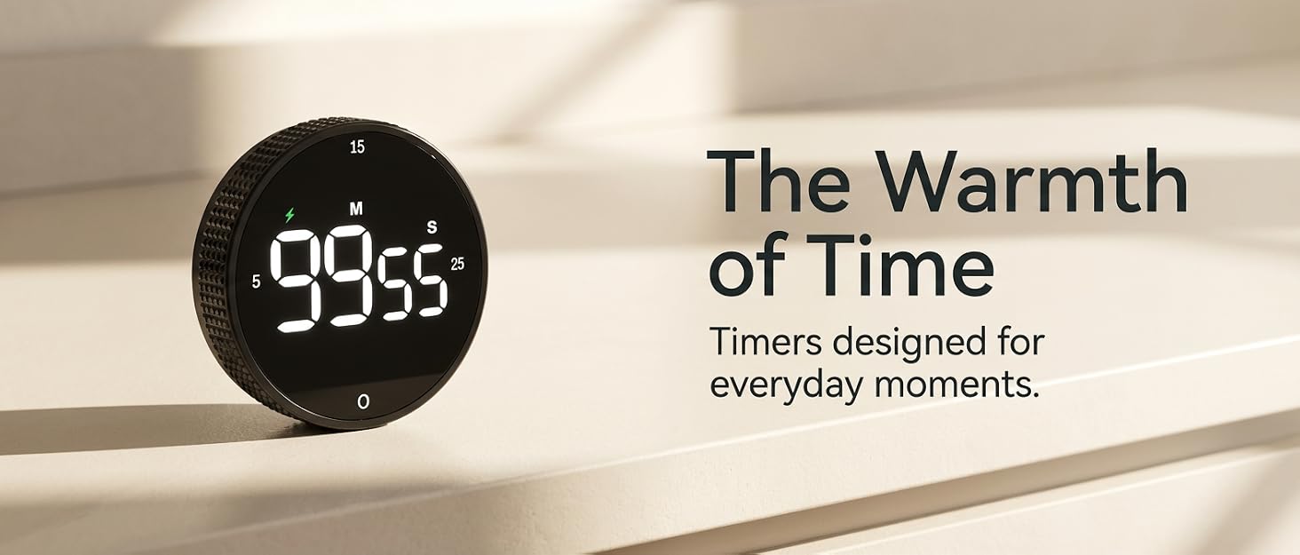 Text reads: 'The Warmth of Time' and 'Timers designed for everyday moments.' Digital timer display showing numbers against warm, sepia-toned background.