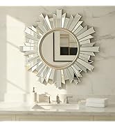 USHOWER HenGis Round Silver Bathroom Mirror 24", Luxury Sunburst Accent Wall Mirror, Modern Art D...