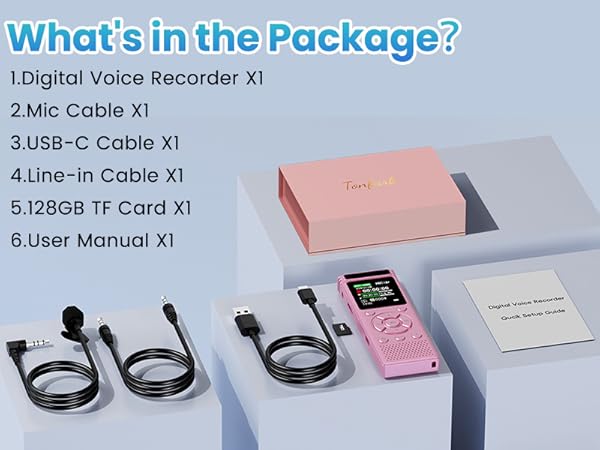 Product List:Digital Voice Recorder/Mic Cable/USB-C Cable/Line-in Cable/128GB TF Card/User Manual