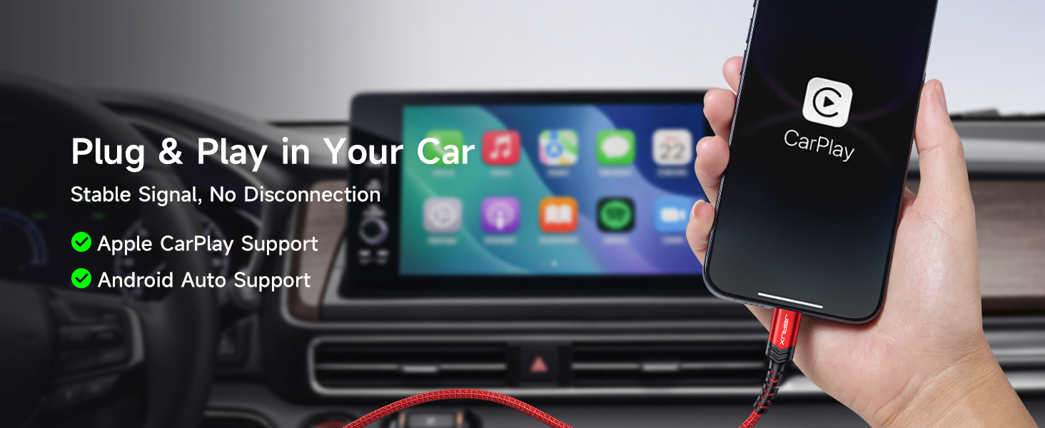 JSAUX USB C Cable: Plug and play in car with stable Apple CarPlay and Android Auto support.
