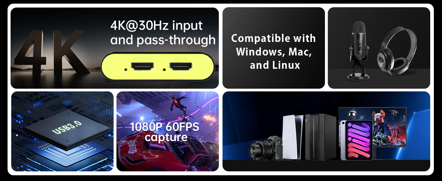 4K capture card features: 4K@30Hz, multi-system, audio, USB3.0, 1080P60, multi-device