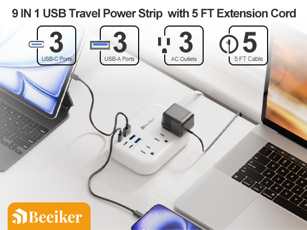 6 USB TRAVEL POWER STRIP WITH 3 OUTLETS