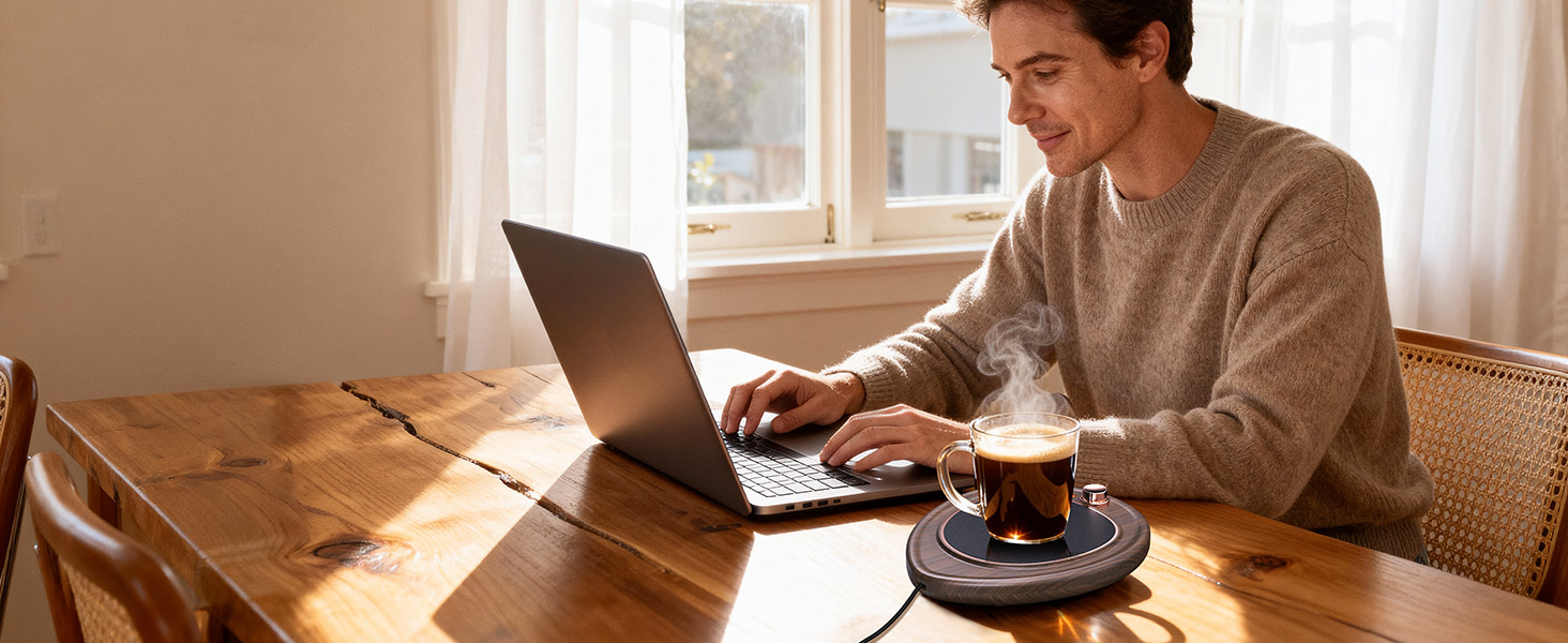 Person working at wooden desk with laptop and coffee cup in sunlit room wearing cream-colored sweater.