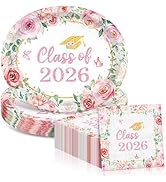 JarThenaAMCS 50 Pcs Graduation Floral Paper Oval Plates and Napkins Pink Flower Class of 2026 Dis...