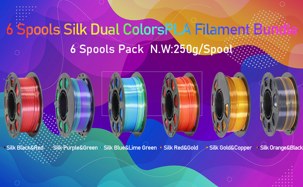6 Spools Bicolor Dual Color 1.75mm 3D Printer Filament Bundle, 3D Printing Silk PLA