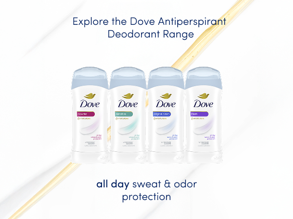 Dove's full Antiperspirant Deodorant range lined up other and text about all day protection.