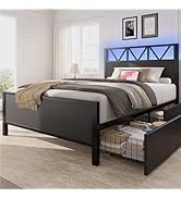 LIKIMIO Twin Bed Frames with 2 Storage Drawers, Charging Station and LED Lights, Platform Twin Be...