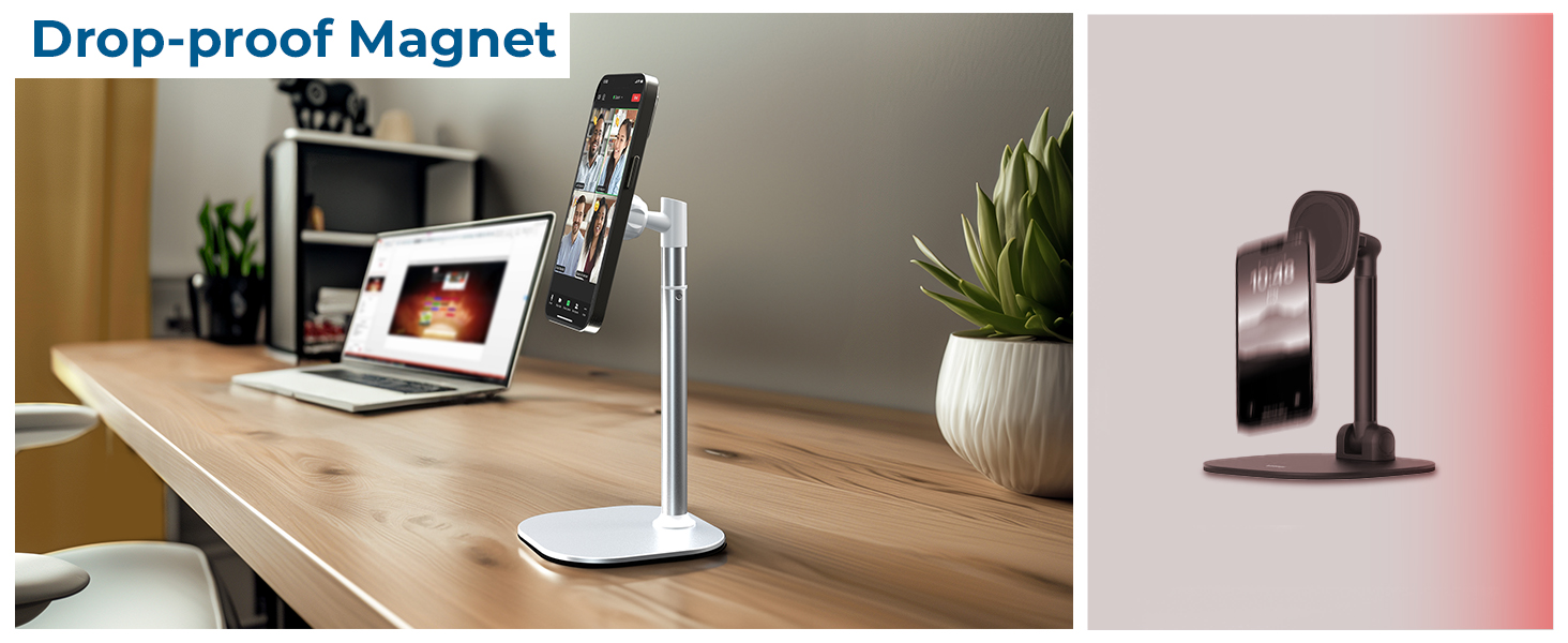 Adjustable metal phone and tablet stand with drop-proof magnetic holder, shown on wooden desk with laptop and plant decoration.