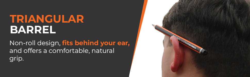 Close-up of a pen with triangular barrel design, shown behind an ear. Text highlights non-roll feature and comfortable grip for natural writing experience.