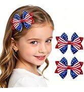 Glitter 4th of July Hair Bows for Girls, 2Pcs Patriotic Hair Clips, Red White Blue American Flag ...