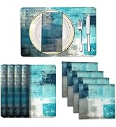 MCALK 4 Each Turquoise Placemats and Cloth Napkins set of 8, Modern Art Placemat, Abstract Art Pa...