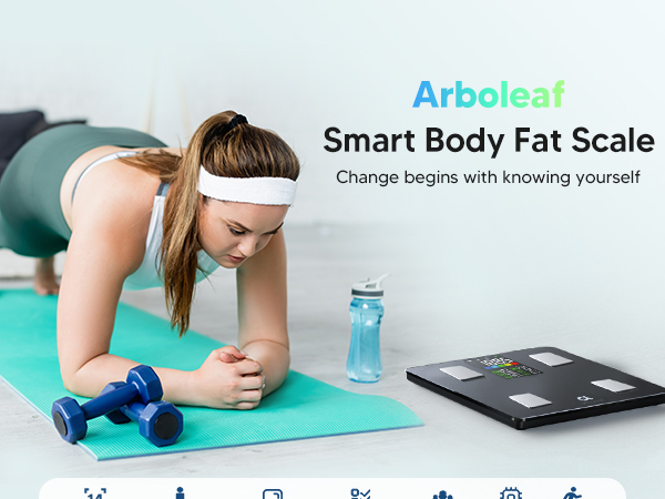 A woman is exercising, with an arboleaf body fat scale placed nearby