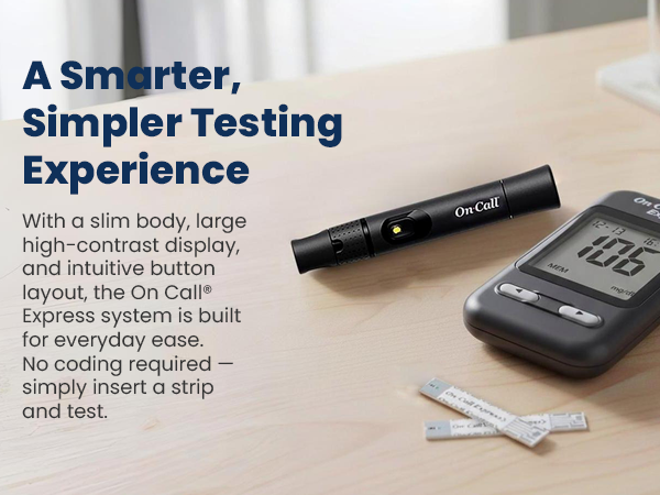 Slim blood glucose meter with large display intuitive buttons and simple strip insert testing