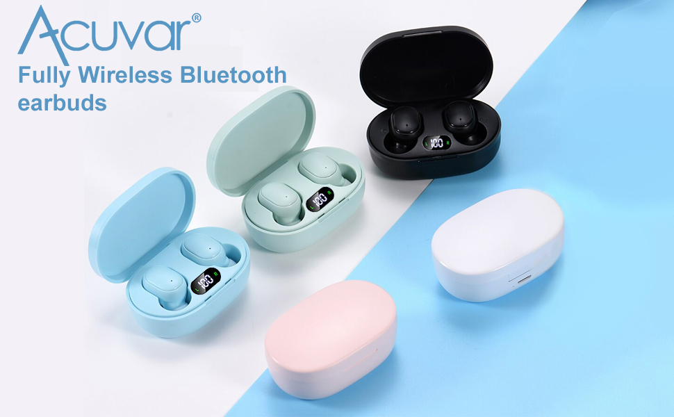 Acuvar fully wireless Bluetooth earbuds with digital LED display in multiple colors